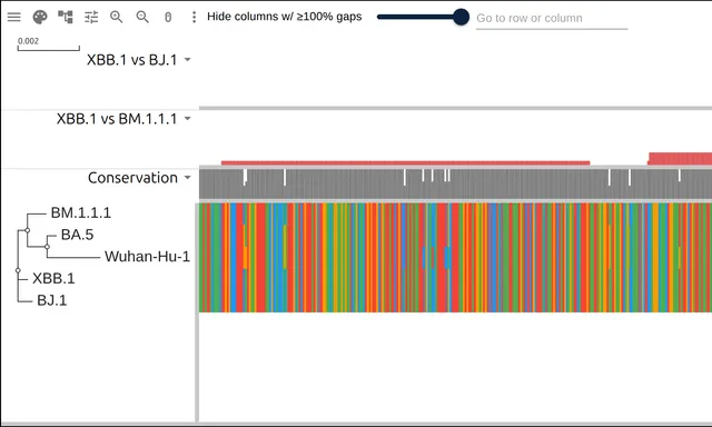 Five SARS-CoV-2 genome rows under two bar tracks counting the differences between the recombinant row and each parent, one falling to zero where the other rises