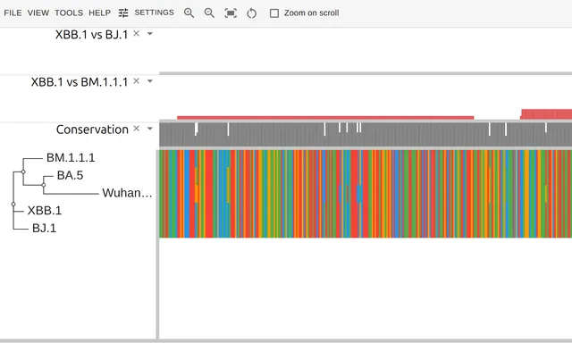 Five SARS-CoV-2 genome rows under two bar tracks counting the differences between the recombinant row and each parent, one falling to zero where the other rises
