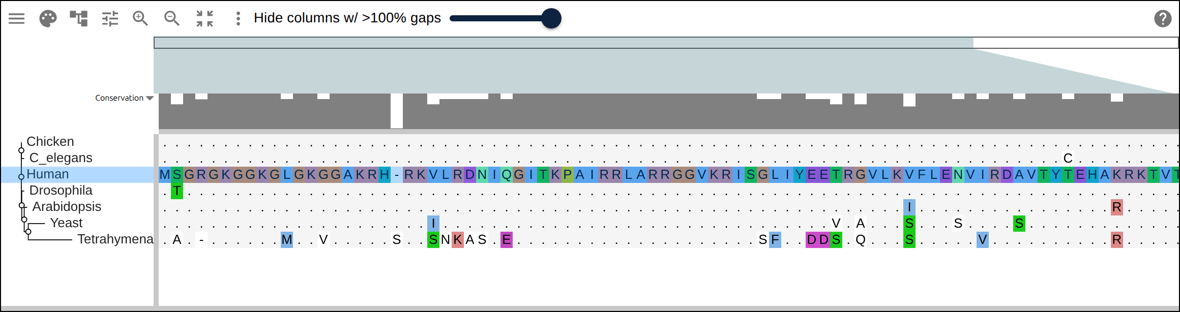 Diffing against a reference (relativeTo) collapses identical residues to dots so only the changes stand out. Histone H4, one of the most conserved proteins known, is almost entirely dots relative to human — only the most distant lineages differ.